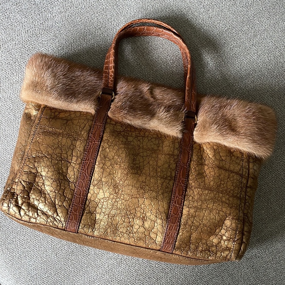 PRADA Distressed Leather Mink Fur Shopping Tote